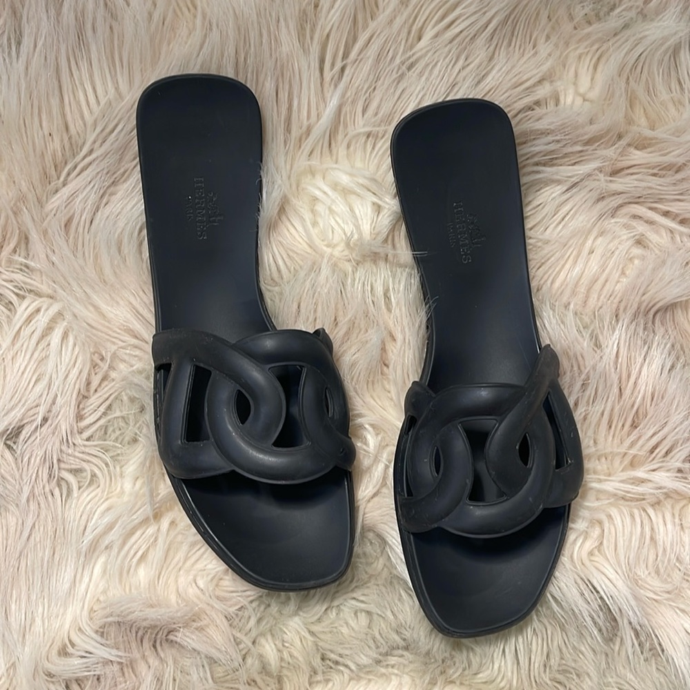 Hermes Aloha Black Rubber Slides, Size 39